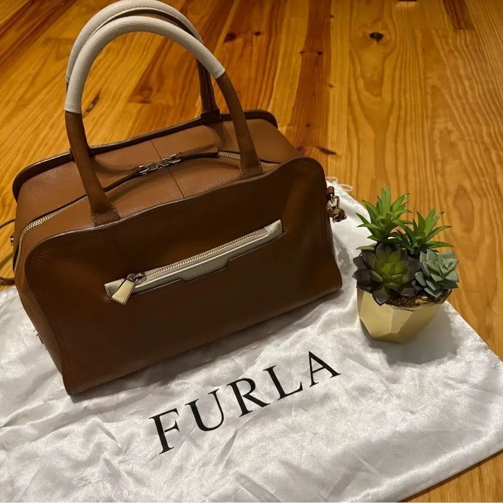 FURLA Women’s Handbag Satchel Tan & White Saffiano Leather